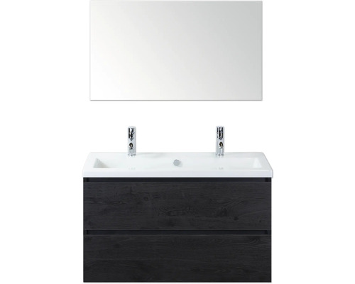 SANOX Badkamermeubelset Vogue black oak 100 cm met twee lades incl. keramische wastafel met twee kraangaten en spiegel Badkamermeubelset met dubbele wastafel, wastafelonderkast en spiegel