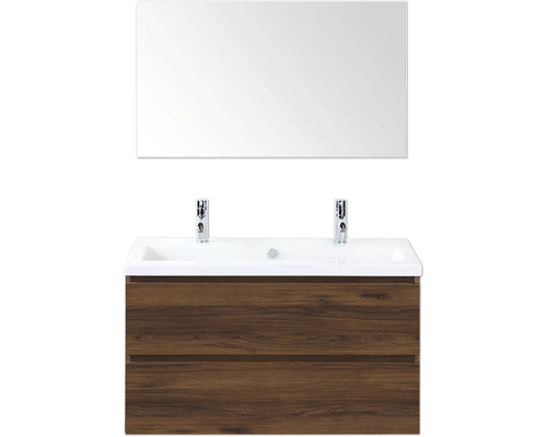 SANOX Badkamermeubelset Vogue walnoot 100 cm met twee lades incl. keramische wastafel met twee kraangaten en spiegel Badkamer wastafelcombinatie met spiegel, onderkast met twee lades en twee kranen