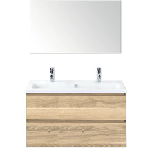 Wastafelonderkast met twee wastafels, twee kranen en een spiegel