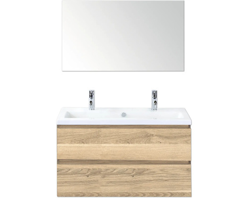 SANOX Badkamermeubelset Vogue grijs eiken 100 cm met twee lades incl. keramische wastafel met twee kraangaten en spiegel Wastafelonderkast met twee wastafels, twee kranen en een spiegel