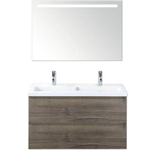 Wastafelmeubel met twee lades, wastafel en verlichte spiegel