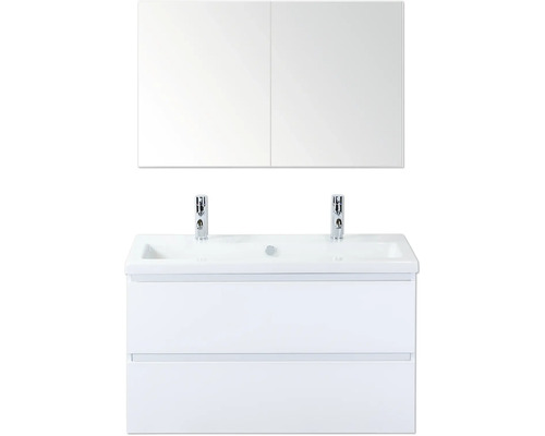SANOX Badkamermeubelset Vogue hoogglans wit 100 cm met twee lades incl. keramische wastafel met twee kraangaten en spiegelkast Dubbele wastafel met onderkast en spiegelkast voor badkamer
