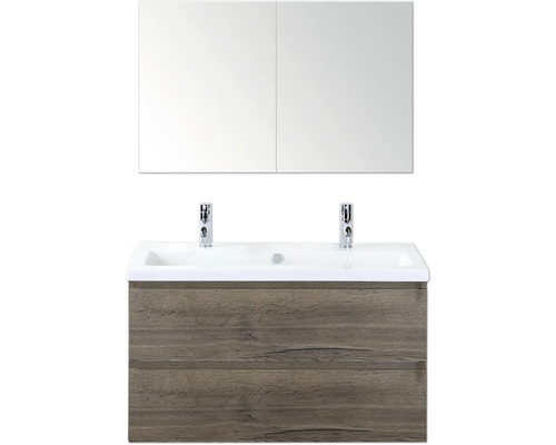 SANOX Badkamermeubelset Vogue tabacco 100 cm met twee lades incl. keramische wastafel met twee kraangaten en spiegelkast Wastafel met onderkast, twee waskommen en spiegelkast