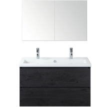 Wastafelonderkast met twee wastafels, kranen en spiegelkast