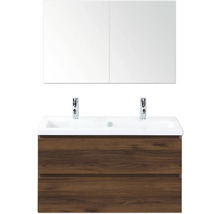 Badkamer wastafelmeubel met spiegel en houten onderkast