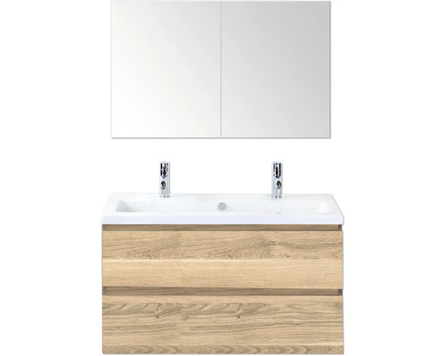 SANOX Badkamermeubelset Vogue grijs eiken 100 cm met twee lades incl. keramische wastafel met twee kraangaten en spiegelkast Wastafelonderkast met twee laden, wastafel en spiegelkast