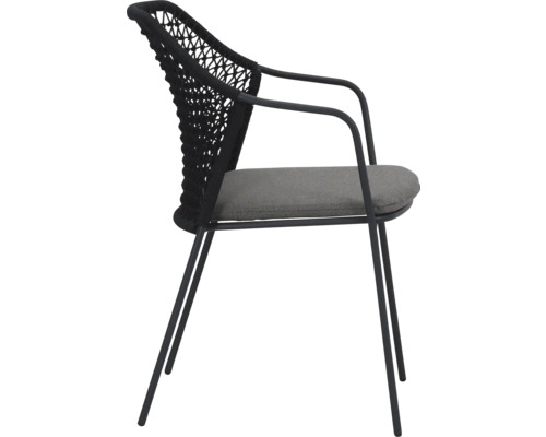 Stoel met armleuning, rugleuning met koordbespanning en zitkussen