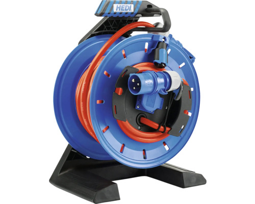 HEDI Kabelhaspel Generation 7 Champion CEE 250V 3x2,5 mm² H07RN-F, 20 meter Blauwe haspel met oranje kabel en zwarte voet