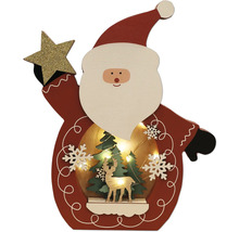 Houten kerstdecoratie met Santa Claus motief, kerstbomen, hert en verlichting