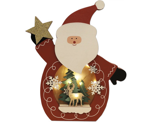 Houten kerstdecoratie met Santa Claus motief, kerstbomen, hert en verlichting