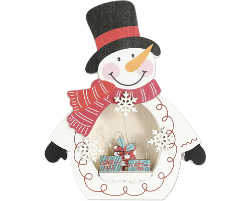 Decoratieve sneeuwpop met ledverlichting en cadeaus voor de kerstperiode
