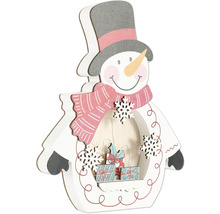 Decoratieve houten sneeuwpop met verlichting en geschenkdozen