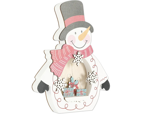 Decoratieve houten sneeuwpop met verlichting en geschenkdozen