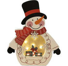 Decoratieve houten sneeuwpop met verlichting en geschenkdozen