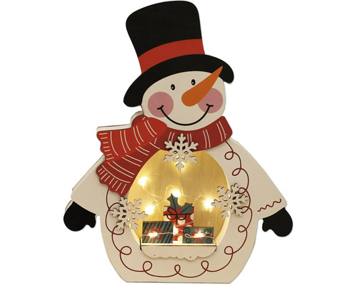 Decoratieve houten sneeuwpop met verlichting en geschenkdozen