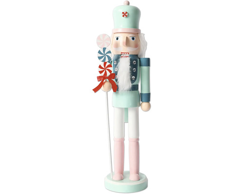 Decoratieve notenkraker figuur met snoepversieringen.