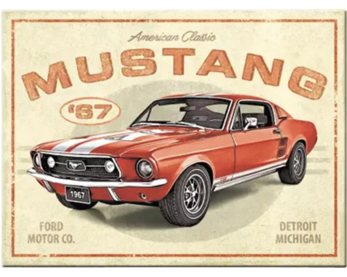 Decoratief bord met een rode Ford Mustang uit 1967