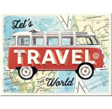Decoratieve afbeelding met de tekst Let's Travel the World en een bus voor een wereldkaart