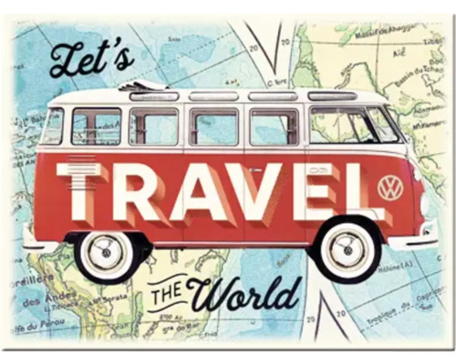 Decoratieve afbeelding met de tekst Let's Travel the World en een bus voor een wereldkaart