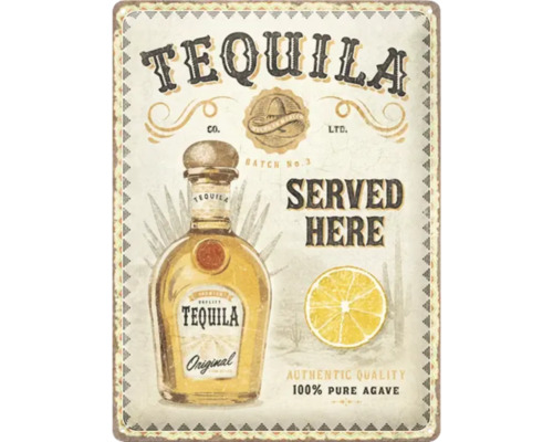 Decoratief bord met tequila fles, citroen en belettering.