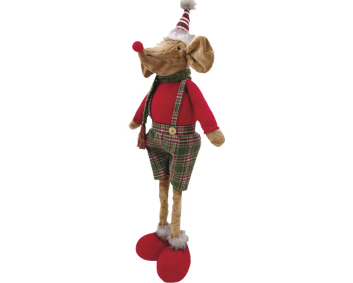 Decoratieve stoffen muis met geruite broek, rode trui, sjaal en muts