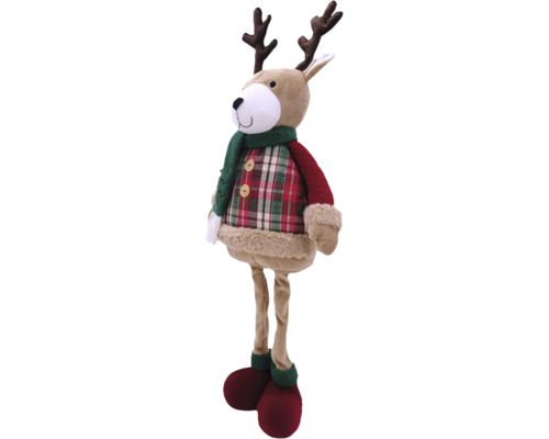 Decoratieve staande pluche eland met sjaal en geruit overhemd als kerstdecoratie