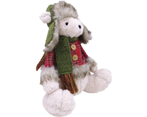 Decoratieve knuffel van een zittend lam met muts en sjaal