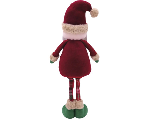 Achteraanzicht van een kerstman decoratiefiguur met rode jas, geruite broek en muts