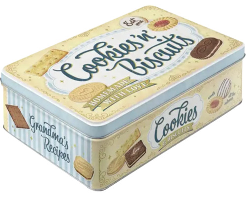 Decoratief koekjesblik met het opschrift Cookies'n Biscuits en Oma's recepten