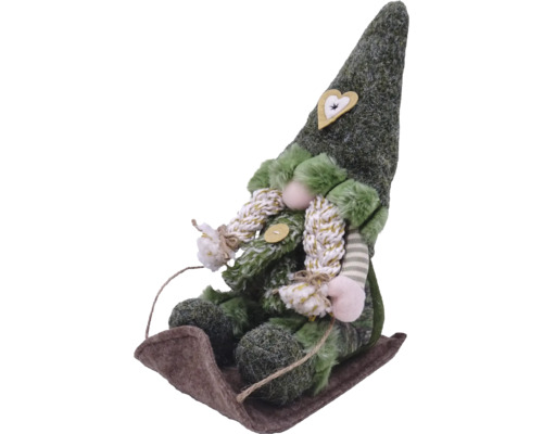 Decoratief figuur als kabouter op slee met hartapplicatie op de muts