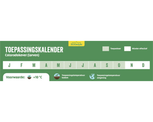 Toepassingskalender voor larven van de coloradokever met informatie over toepassingsperiode en -voorwaarden
