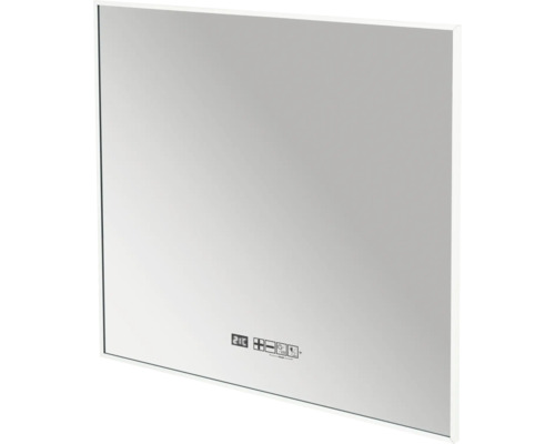 Rechthoekige spiegel met digitale display en symbolen voor functies zoals licht en verwarming