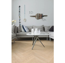 Woonkamer met grijze bank, witte tafel en visdecoratie aan de muur