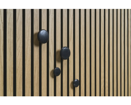 Houten paneel met zwarte, ronde haken