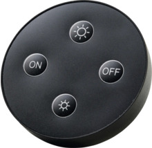 Zwarte afstandsbediening met knoppen voor aan/uit en helderheidsaanpassing.