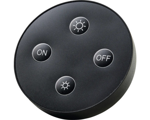 Zwarte afstandsbediening met knoppen voor aan/uit en helderheidsaanpassing.