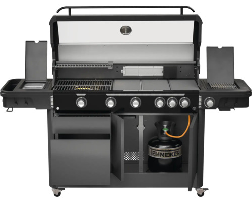 Gasbarbecue met open kap en gasfles