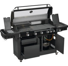 Zwarte gasbarbecue met meerdere branders, bijzettafels en opbergruimte voor gasfles.