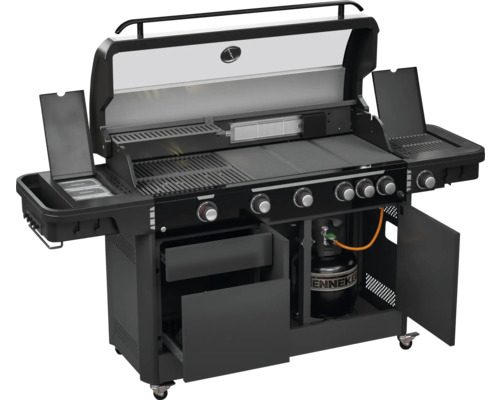 Zwarte gasbarbecue met meerdere branders, bijzettafels en opbergruimte voor gasfles.