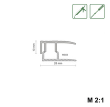 Profieltekening van een 28 mm breed en 10 mm hoog overgangsprofiel