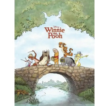 Disney Winnie de Poeh en vrienden staan op een stenen brug over een rivier.