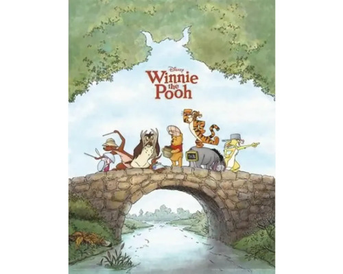 Disney Winnie de Poeh en vrienden staan op een stenen brug over een rivier.