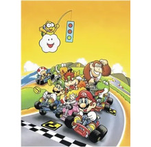Illustratie van verschillende personages uit de videogame Mario Kart die aan het karten zijn op een racecircuit