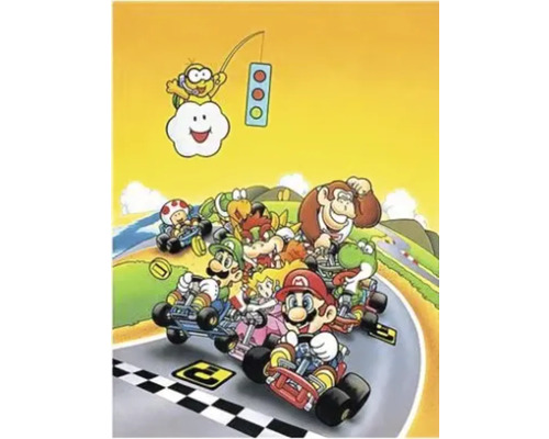 Illustratie van verschillende personages uit de videogame Mario Kart die aan het karten zijn op een racecircuit