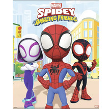 Spidey en zijnSuper-Friends tekenfilmfiguren voor een stadsachtergrond