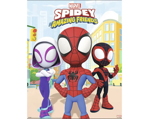 Spidey en zijnSuper-Friends tekenfilmfiguren voor een stadsachtergrond