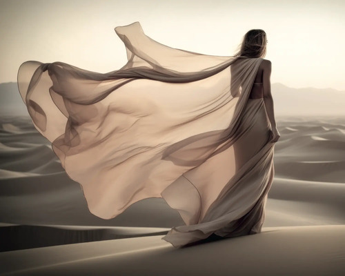 THE WALL Decopaneel Gouden vrouw in de woestijn 50x40 cm Een vrouw met een wapperende jurk staat in een woestijn.