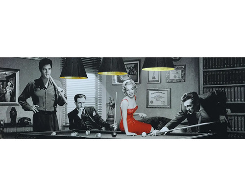 THE WALL Decopaneel Marilyn Monroe Biljart 155x53 cm Zwart-witfoto van een scène met Elvis Presley, Marilyn Monroe, Humphrey Bogart en James Dean die biljarten