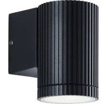 Zwarte wandlamp met geribbeld oppervlak.
