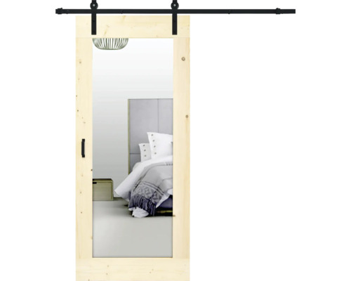 BARNDOOR Vintage met spiegel onbehandeld met baisc rail en grepen 95x215 cm Houten schuifdeur met beslag voor slaapkamer
